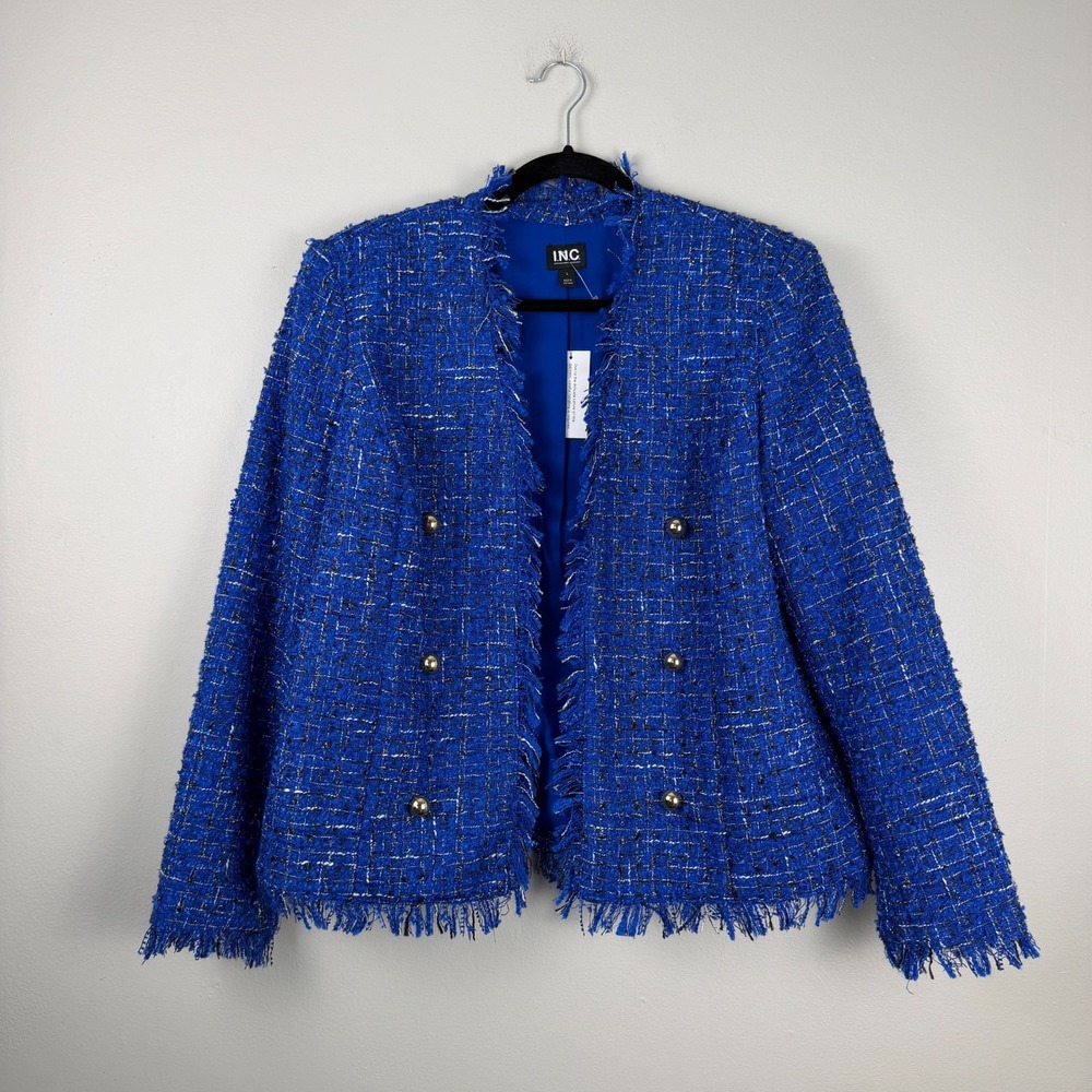 I.N.C. International Concepts Tweed Blazer Women's L Blue Collarless Fringe Trim